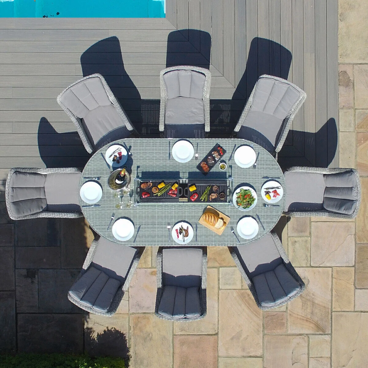 Oxford – Venice 8 Seat Oval Rattan Fire Pit Dining Set